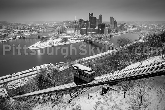 Pittsburgh winter wonderland with the Duquesne Incline in black and white